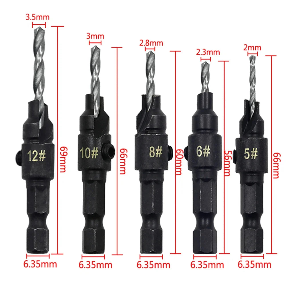 5pc Hexagon screw carpenter's hole opener countersink drill taper drill drilling reaming hardware tool set